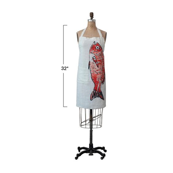 CREATIVE CO OP- LINEN FISH PRINTED APRON
