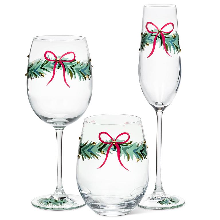 ABBOTT - WREATH W/RIBBON & BEADS WINE GLASS-8.5"H(16OZ)