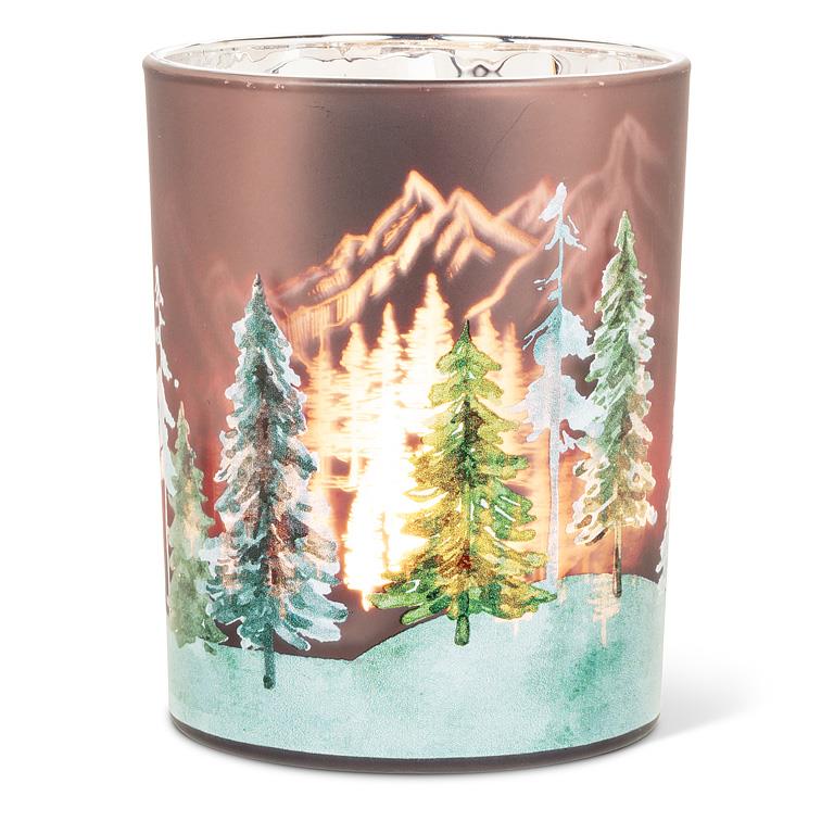 ABBOTT - MD FROSTED TREES CANDLE HOLDER-GRN/BRN-5"H