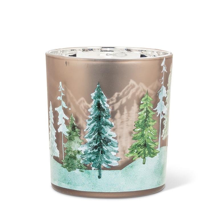 ABBOTT - SM FROSTED TREES VOTIVE-GRN/BRN-3"H