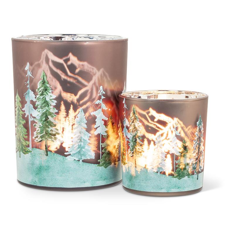 ABBOTT - SM FROSTED TREES VOTIVE-GRN/BRN-3"H