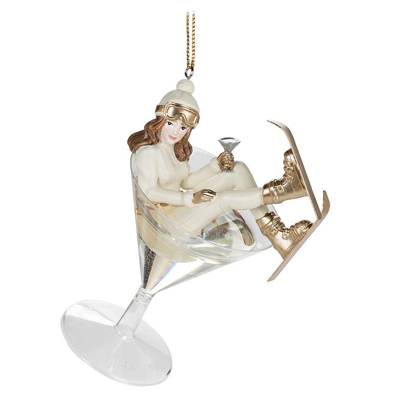 ABBOTT - SKIER GAL IN MARTINI ORNAMENT -5.5"H