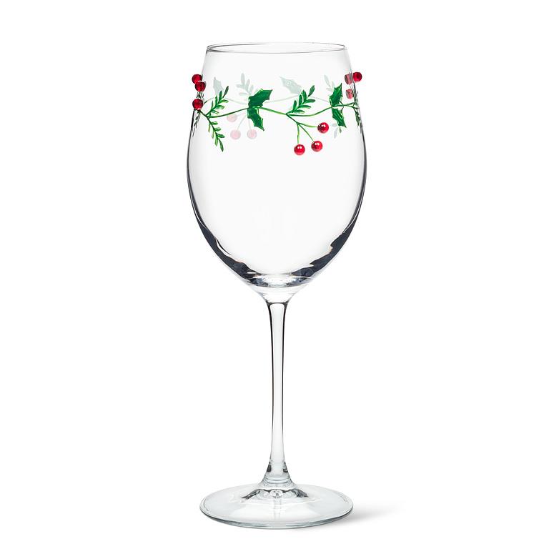 ABBOTT - HOLLY & BERRIES WINE GLASS-8.5"H(16OZ)