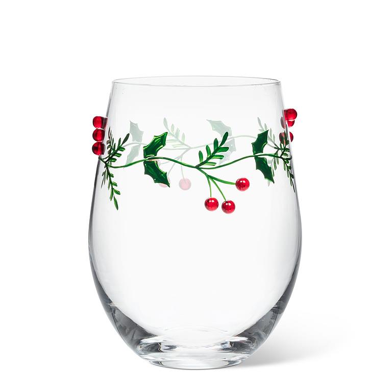 ABBOTT - HOLLY & BERRIES STEMLESS WINE GLASS-4.5"H(18OZ)