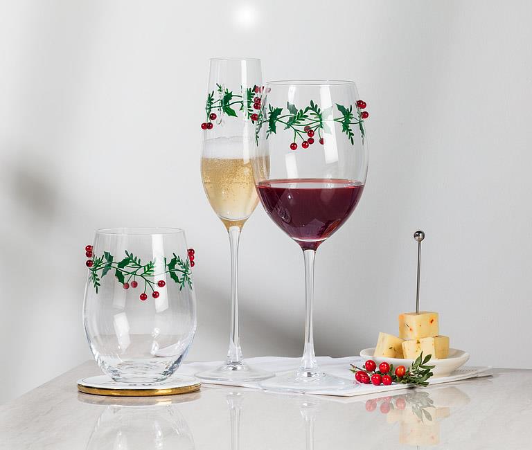 ABBOTT - HOLLY & BERRIES STEMLESS WINE GLASS-4.5"H(18OZ)