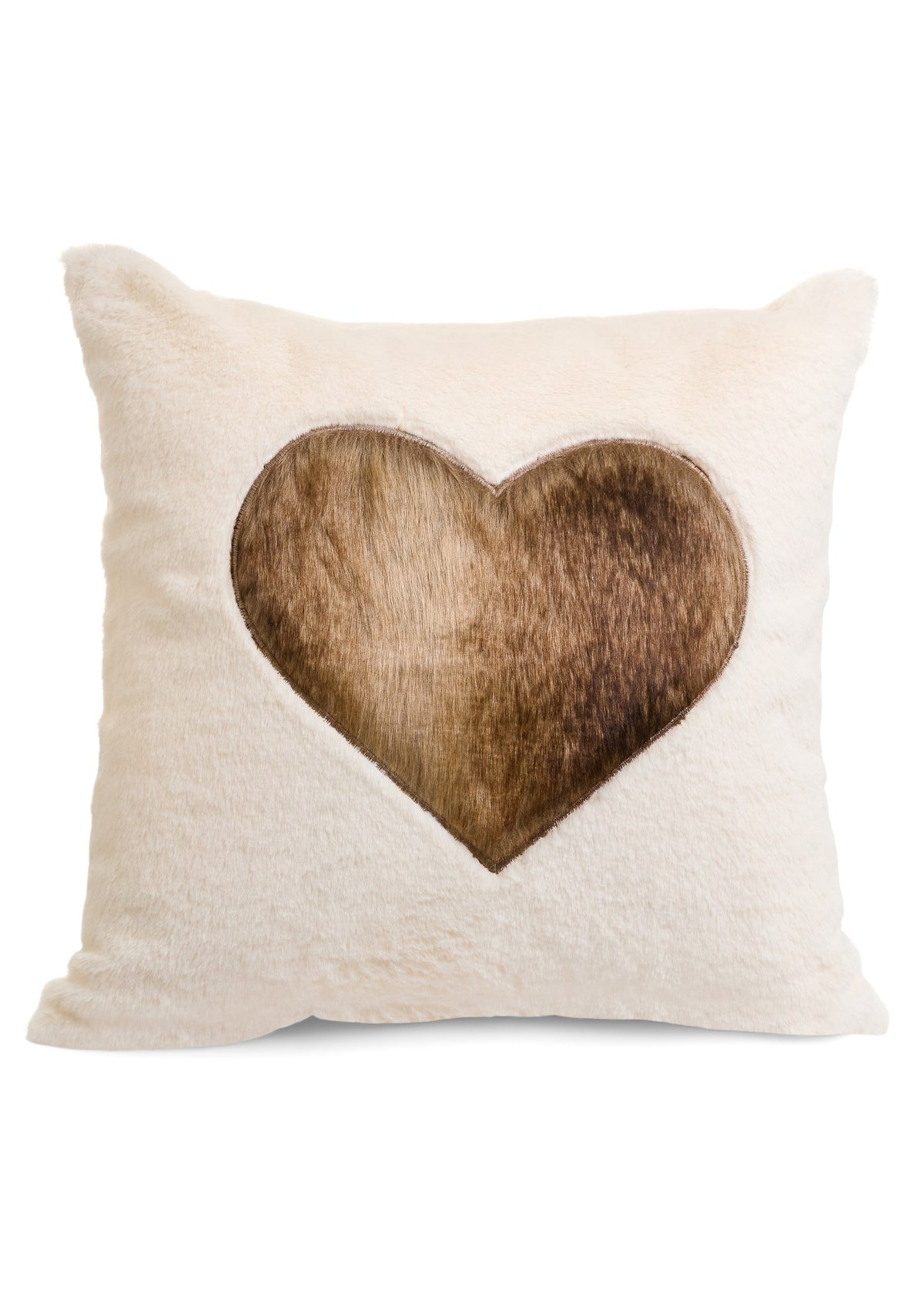 ADV - CUSHION FX FUR EMB HEART POLY ECRU BROWN