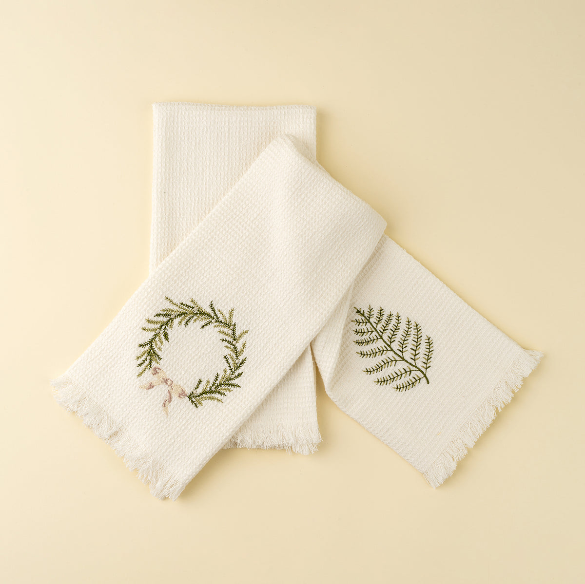 INDABA - EMBROIDERED FROND/WREATH WAFFLE HAND TOWELS S/2