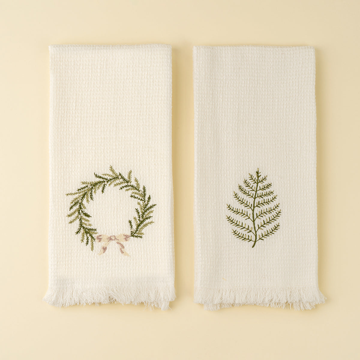 INDABA - EMBROIDERED FROND/WREATH WAFFLE HAND TOWELS S/2