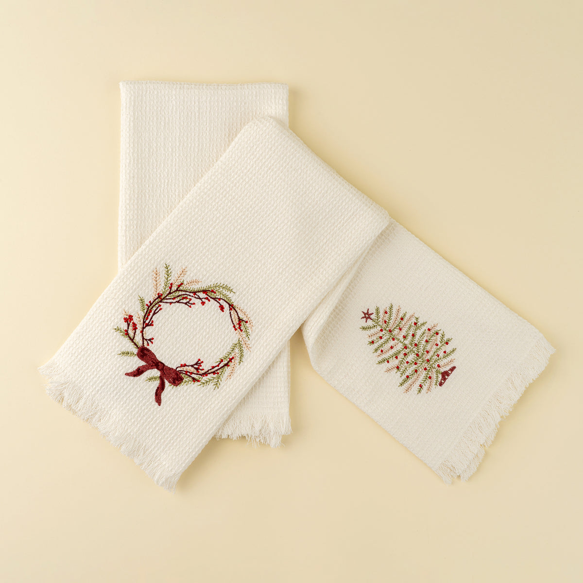 INDABA - EMBROIDERED TREE/WREATH WAFFLE HAND TOWELS S/2