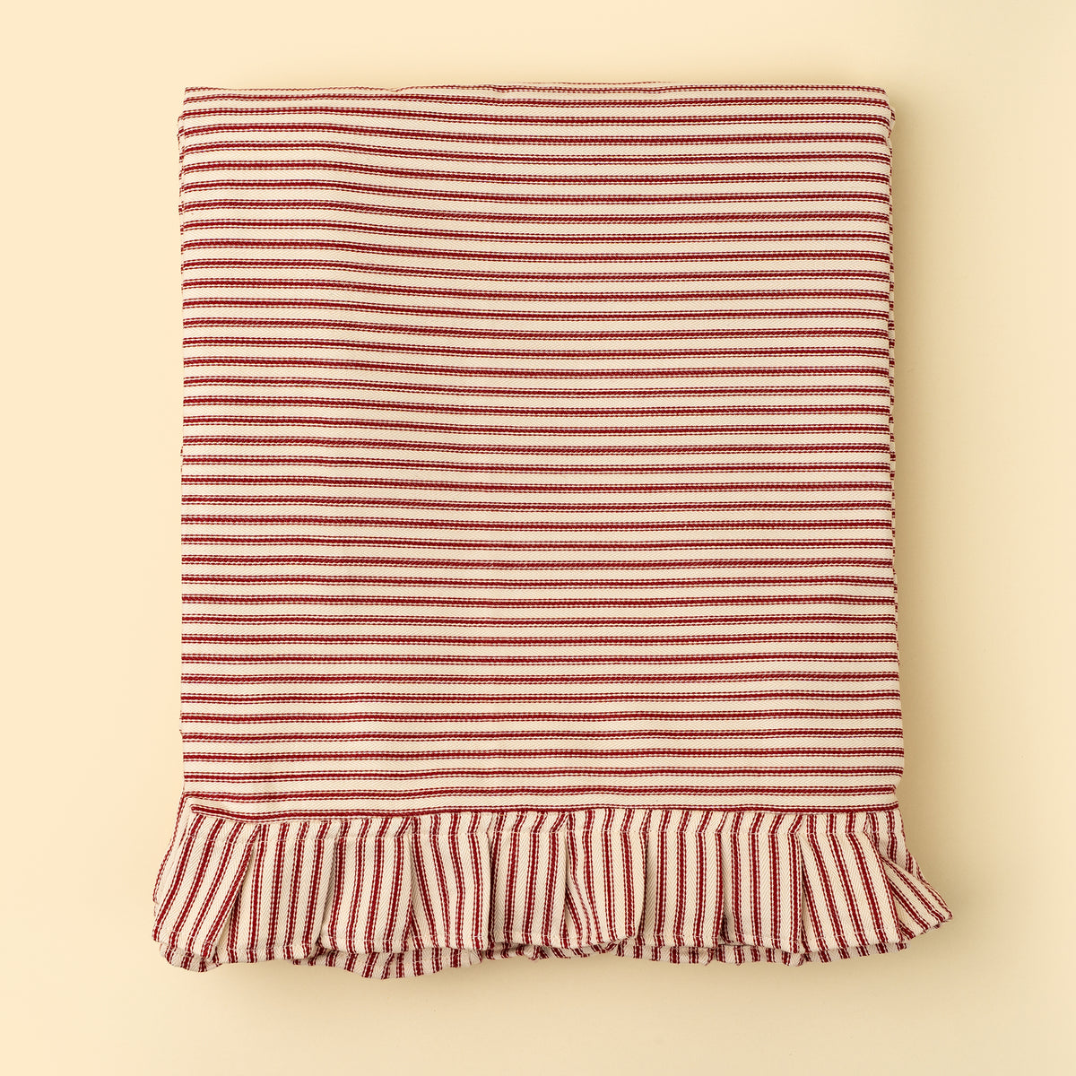 INDABA - RED TICKING RUFFLE TABLECLOTH - 110L"