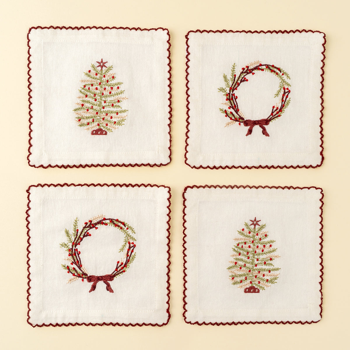 INDABA - EMBROIDERED HOLIDAY COCKTAIL NAPKINS S/4