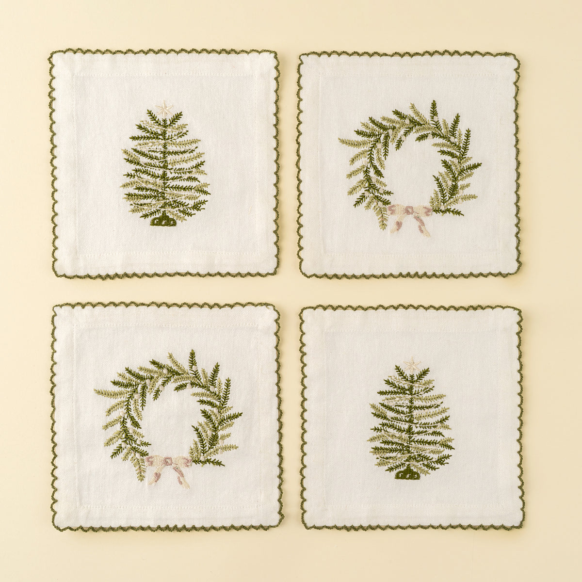 INDABA - EMBROIDERED TREE/WREATH COCKTAIL NAPKINS S/4