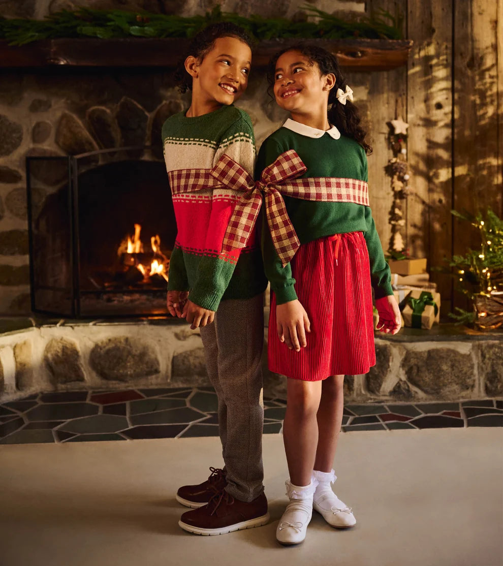 HATLEY - GIRLS CHEX RED PLEATED VELOUR SKIRT