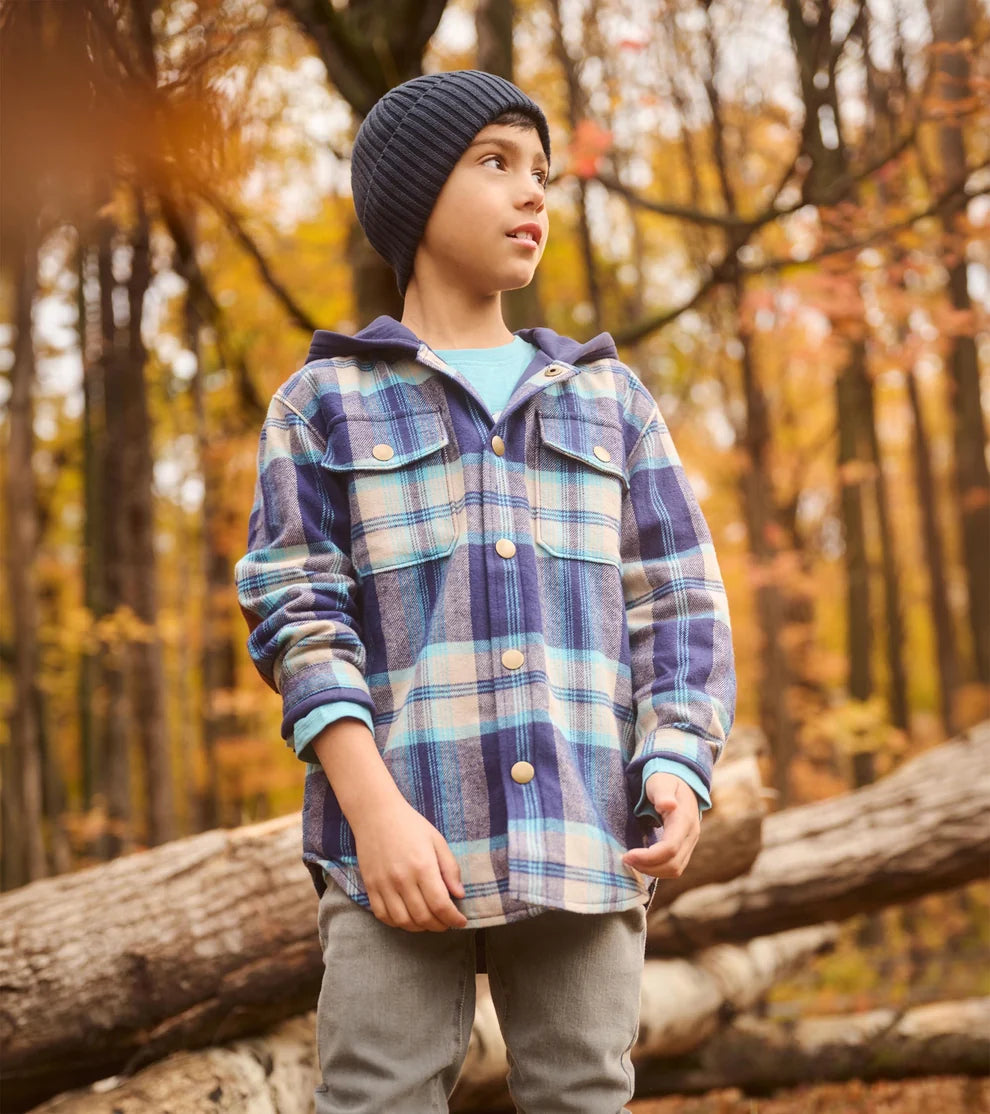 HATLEY - BOYS BLUE HUNTINGTON PLAID WOVEN FLANNEL HOODIE