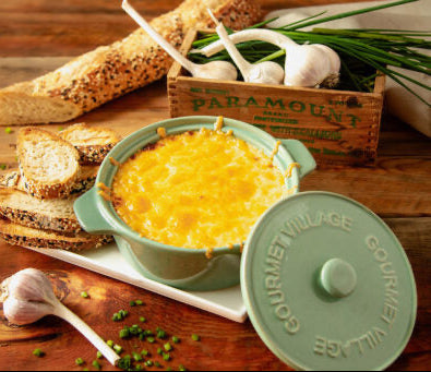 GOURMET DU VILLAGE- SAGE GREEN CERAMIC BAKER GIFT SET WITH GARLIC BREAD DIP