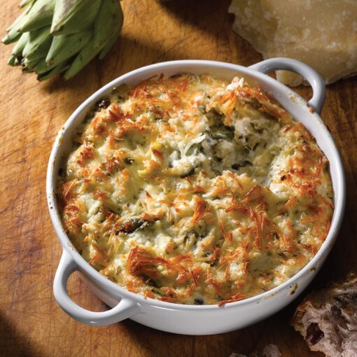 GOURMET DU VILLAGE- WHITE CERAMIC BAKER GIFT SET WITH PARMESAN & ARTICHOKE DIP