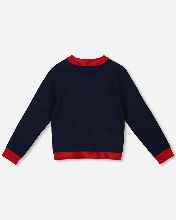 DEUX PAR DEUX- KIDS' NAVY BLUE WITH RED EMBROIDERED HEARTS KNITTED CARDIGAN SWEATER