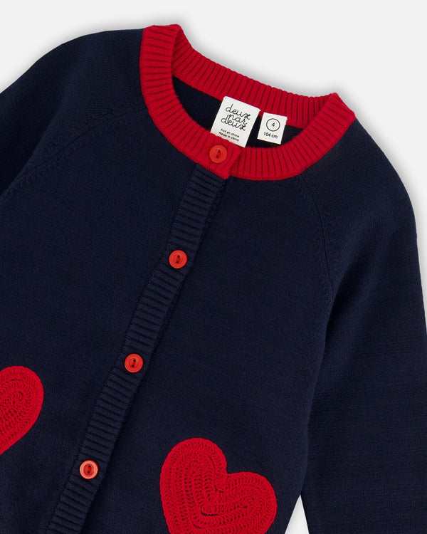 DEUX PAR DEUX- KIDS' NAVY BLUE WITH RED EMBROIDERED HEARTS KNITTED CARDIGAN SWEATER
