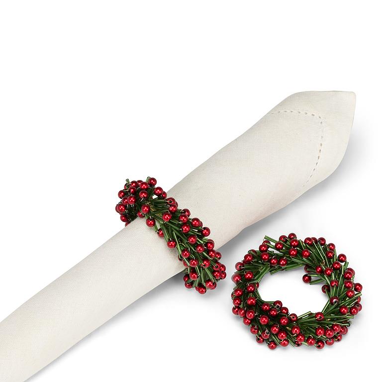 Abbott - Beaded Wreath Napkin Ring-Grn/Red-3"D