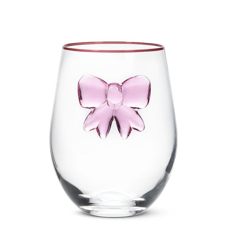 Abbott - Stemless Wine Glass w/Lg Pink Bow-4.5"H(18oz)