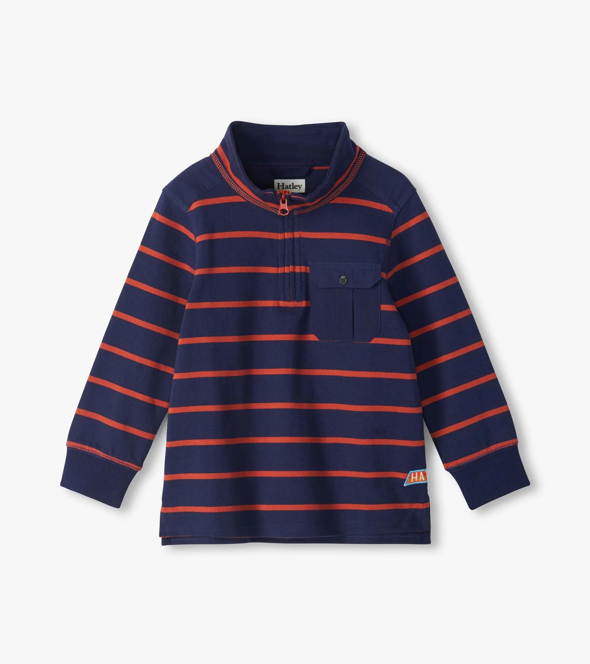 HATLEY - BOYS NAVY AND ORANGE STRIPES 1/4 ZIP MOCK NECK