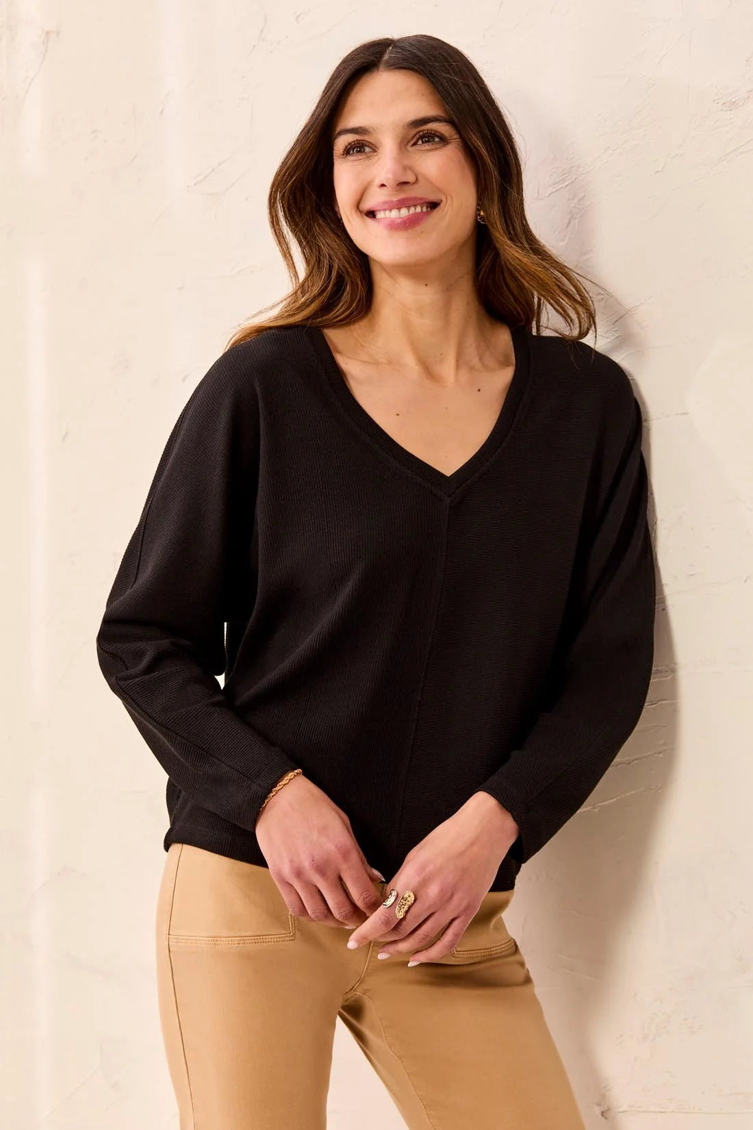 TRIBAL - LONG SLEEVE DOLMAN V-NECK TOP-BLACK