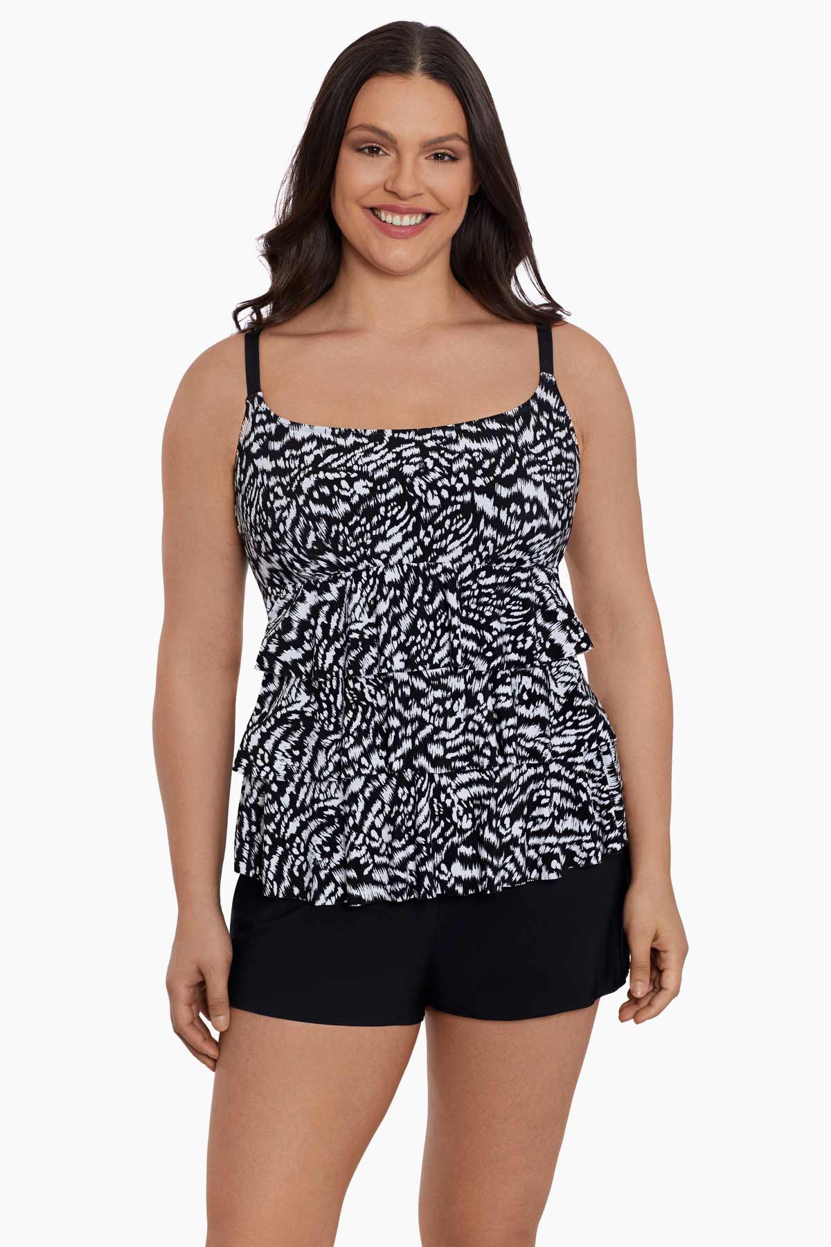 LONGITUDE- Ruffle Faux Shortini W/ Pockets Long Torso One Piece Swimsuit