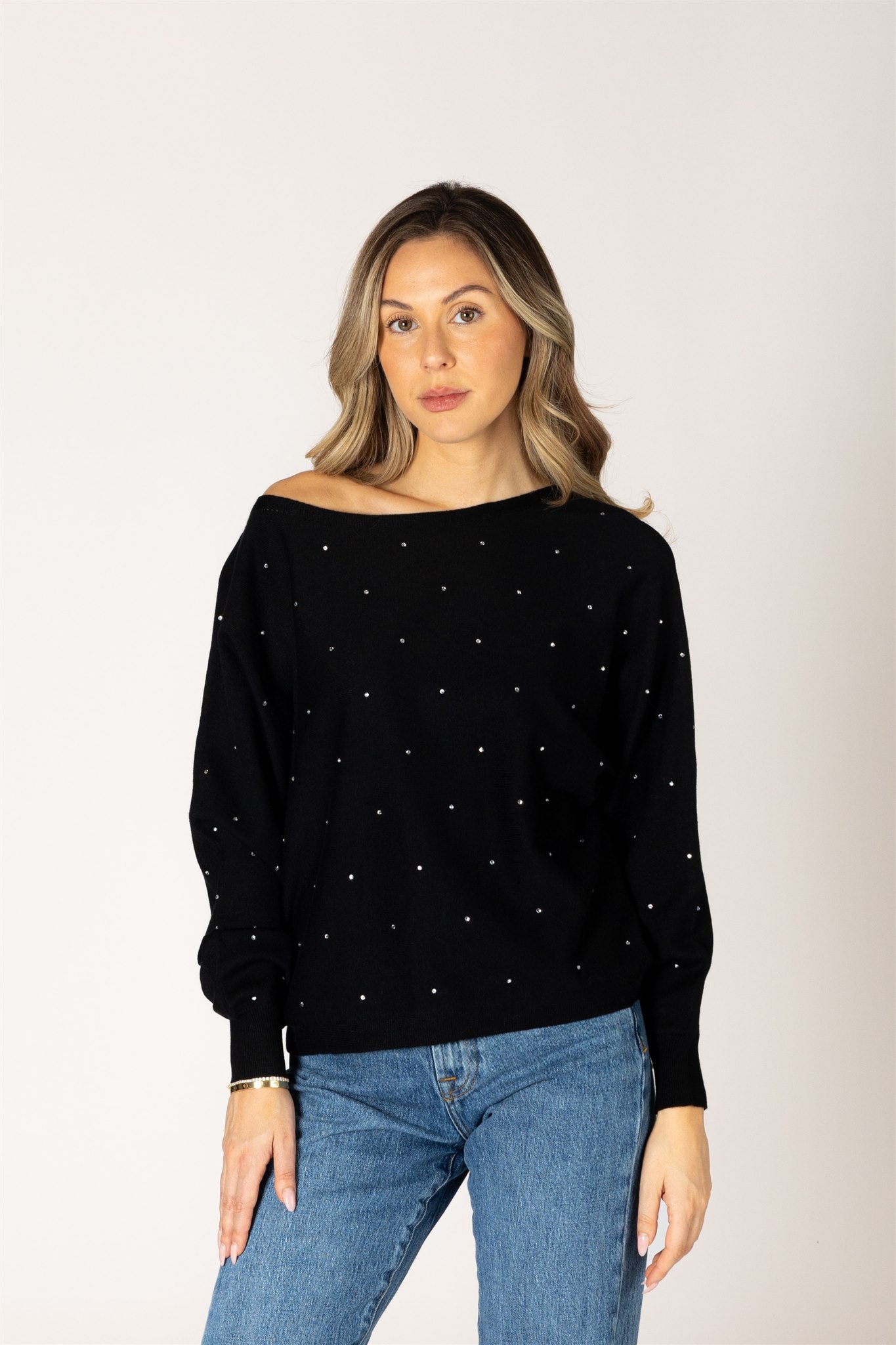 LYLA & LUXE - NOBUCRYSTL LIGHTWEIGHT OFF SHOULDER GEM SWEATER