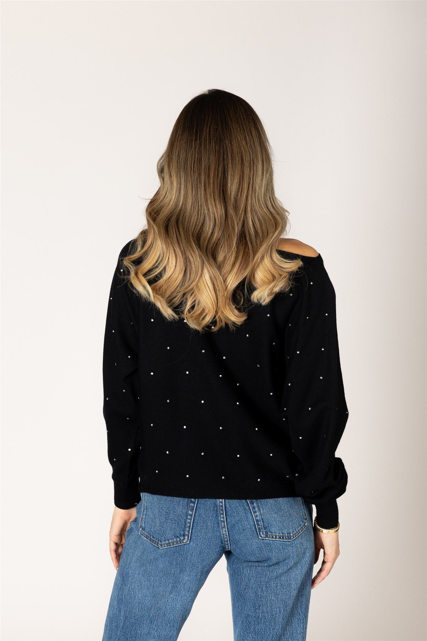 LYLA & LUXE - NOBUCRYSTL LIGHTWEIGHT OFF SHOULDER GEM SWEATER