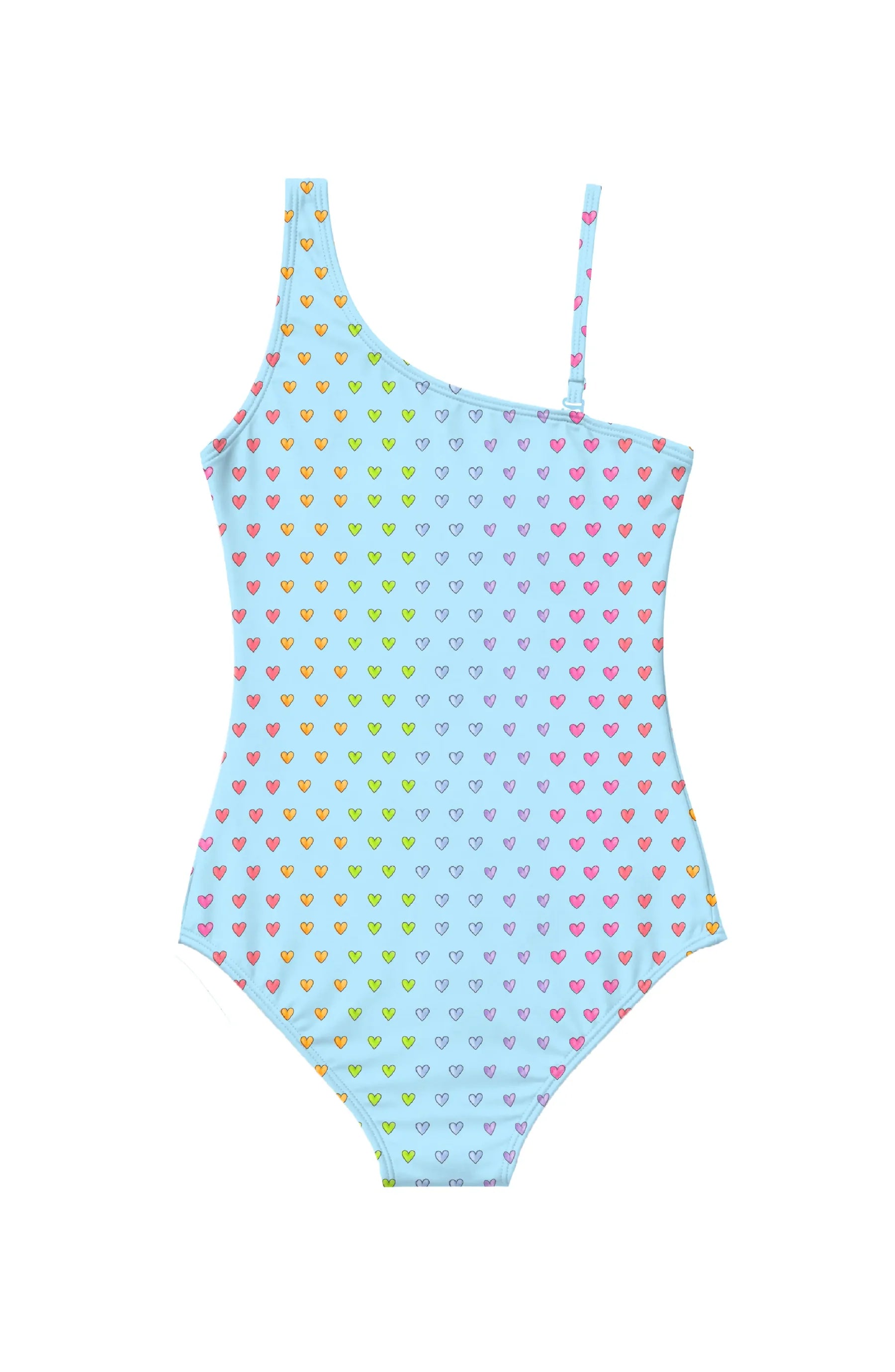 LIMEAPPLE -Rhea Multicolor Heart Printed One Shoulder One Piece Swimsuit