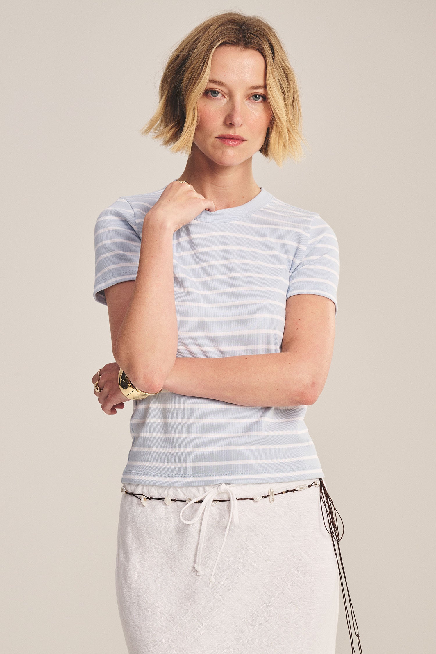 VELVET - STRIPE RIB & POPLIN MIX MEDIA TOP BRENDA07