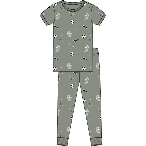 PETIT LEM- Kids Soccer Print on Olive Short-Sleeved PJ Set (8-14)
