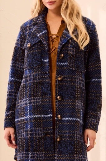 TRIBAL - KNIT PLAID NOTCH COLLAR SHACKET-ELECTRIC BLUE