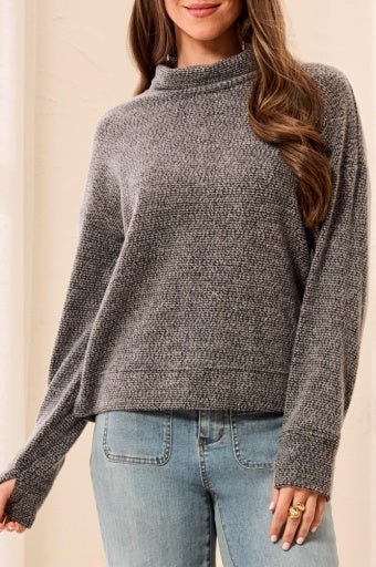 TRIBAL - L/S FUNNEL NECK TOP-CHARCOAL