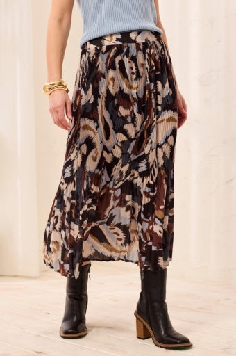 TRIBAL - FLOWY PLISSE PRINTED SKIRT-STEEL