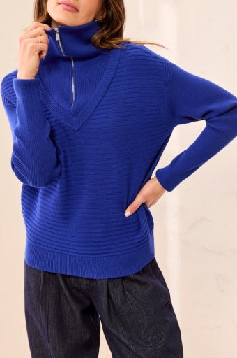 TRIBAL - SOFT ZIP-UP V-NECK SWEATER-ELECTRIC BLUE