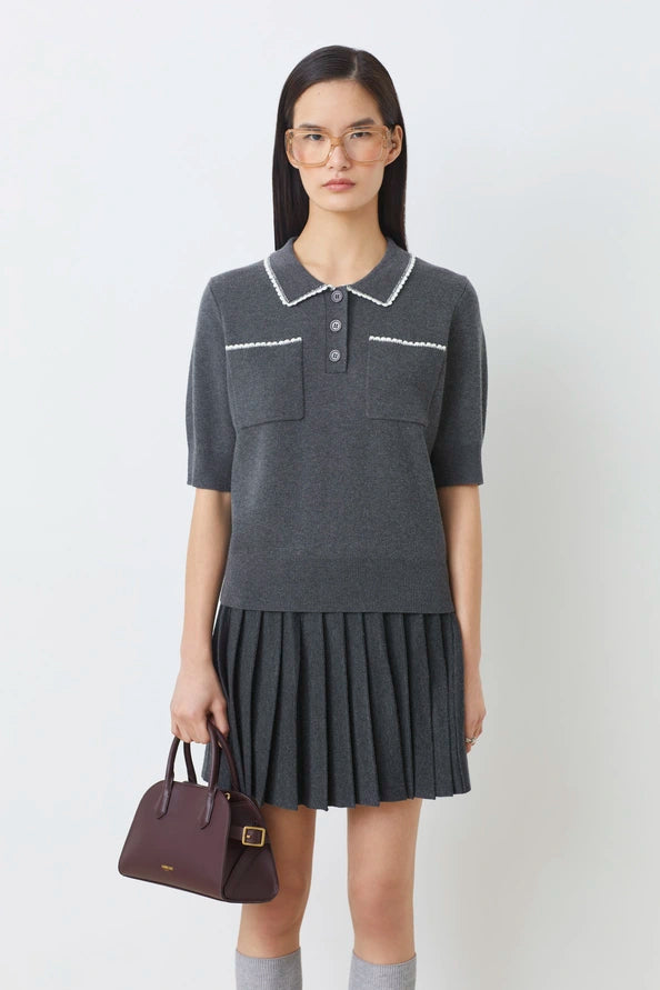 SUNCOO- WOMEN'S POLKA POLO SHORT SLEEVE SWEATER