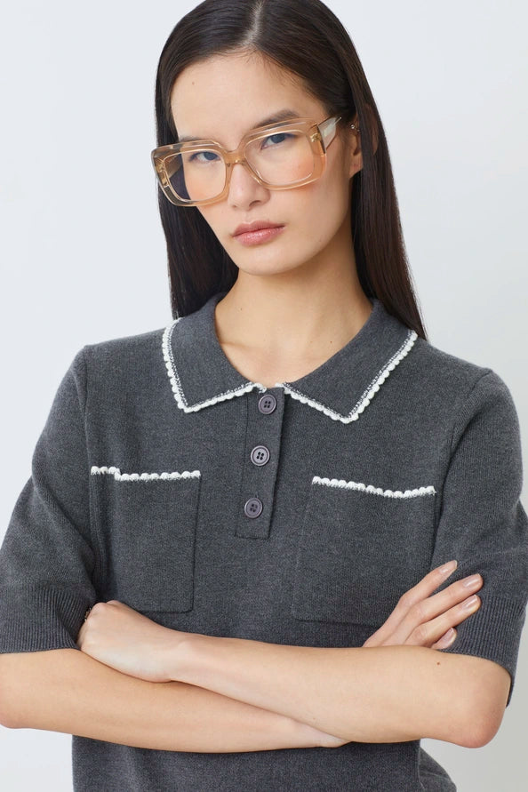 SUNCOO- WOMEN'S POLKA POLO SHORT SLEEVE SWEATER