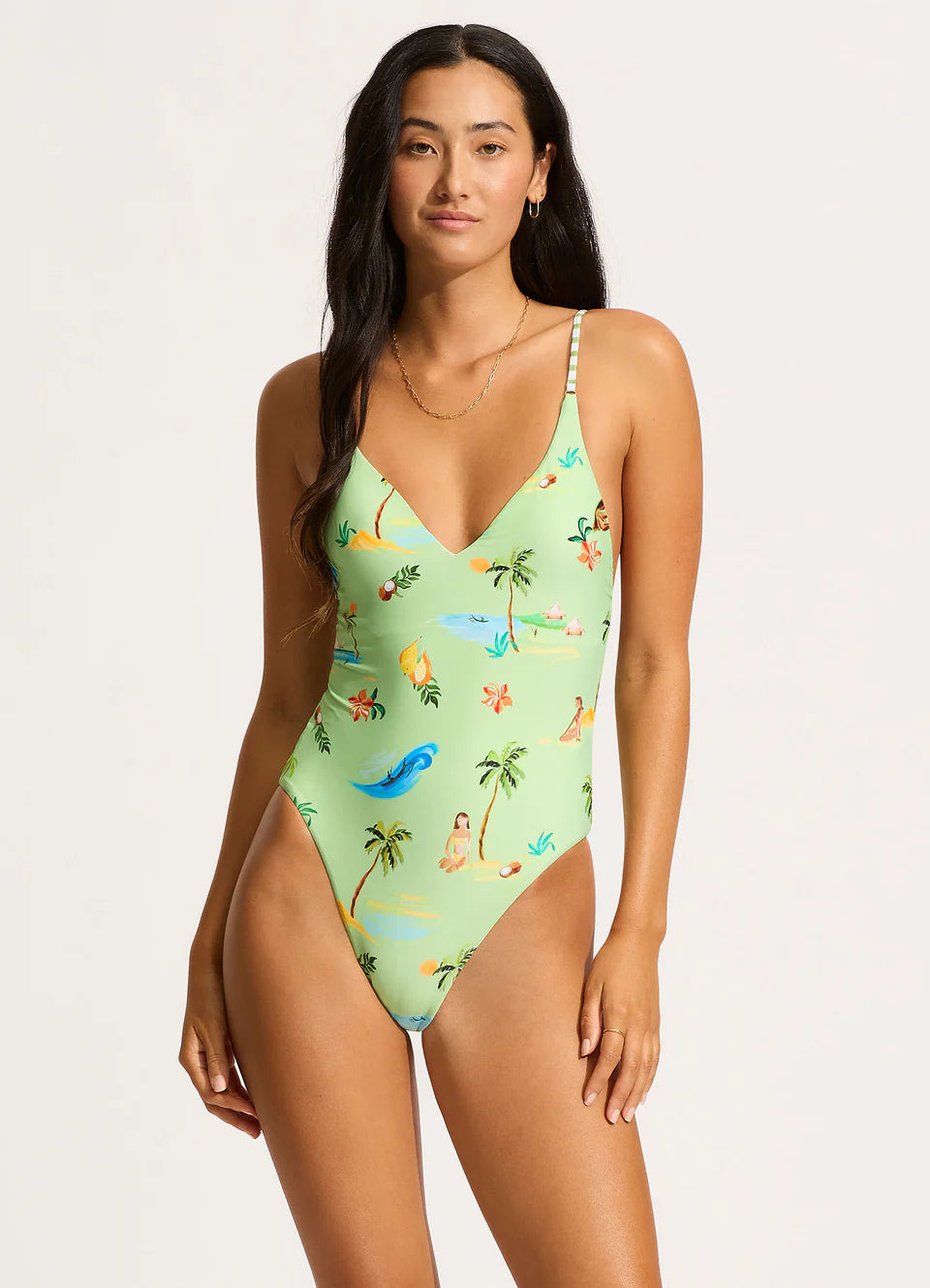 SEAFOLLY- WOMEN'S ONE PIECE ISLA PALM V NECK SWIMSUIT