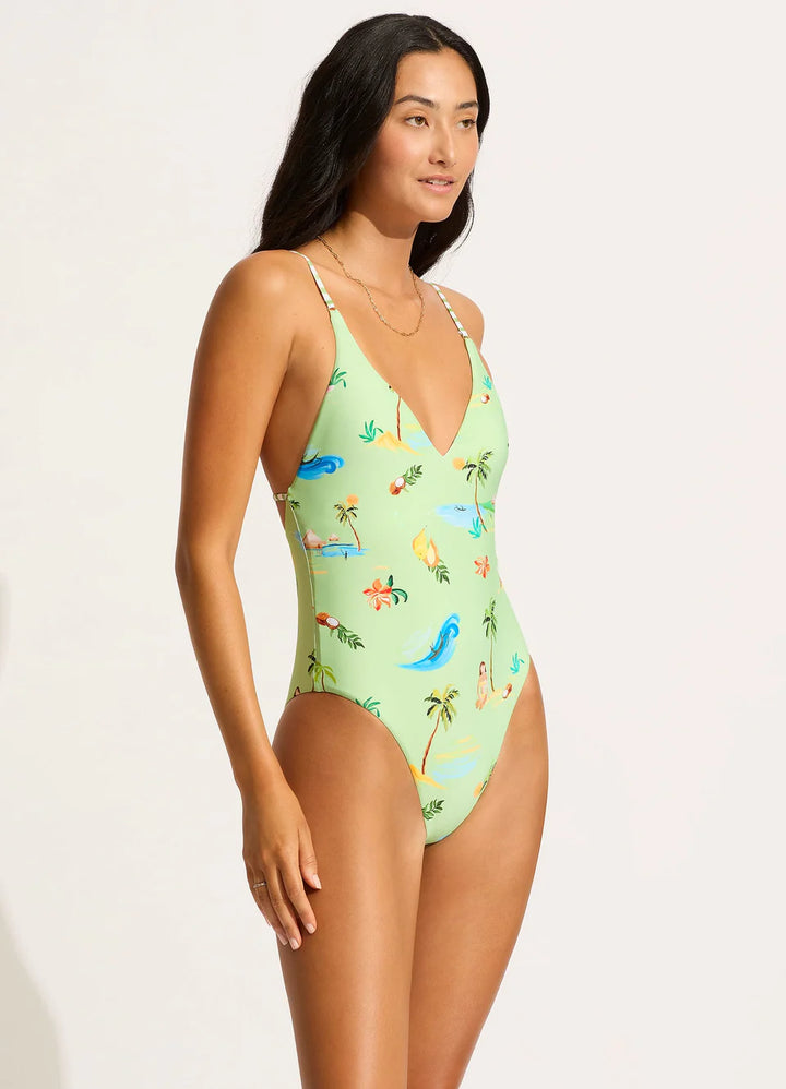 SEAFOLLY- WOMEN'S ONE PIECE ISLA PALM V NECK SWIMSUIT