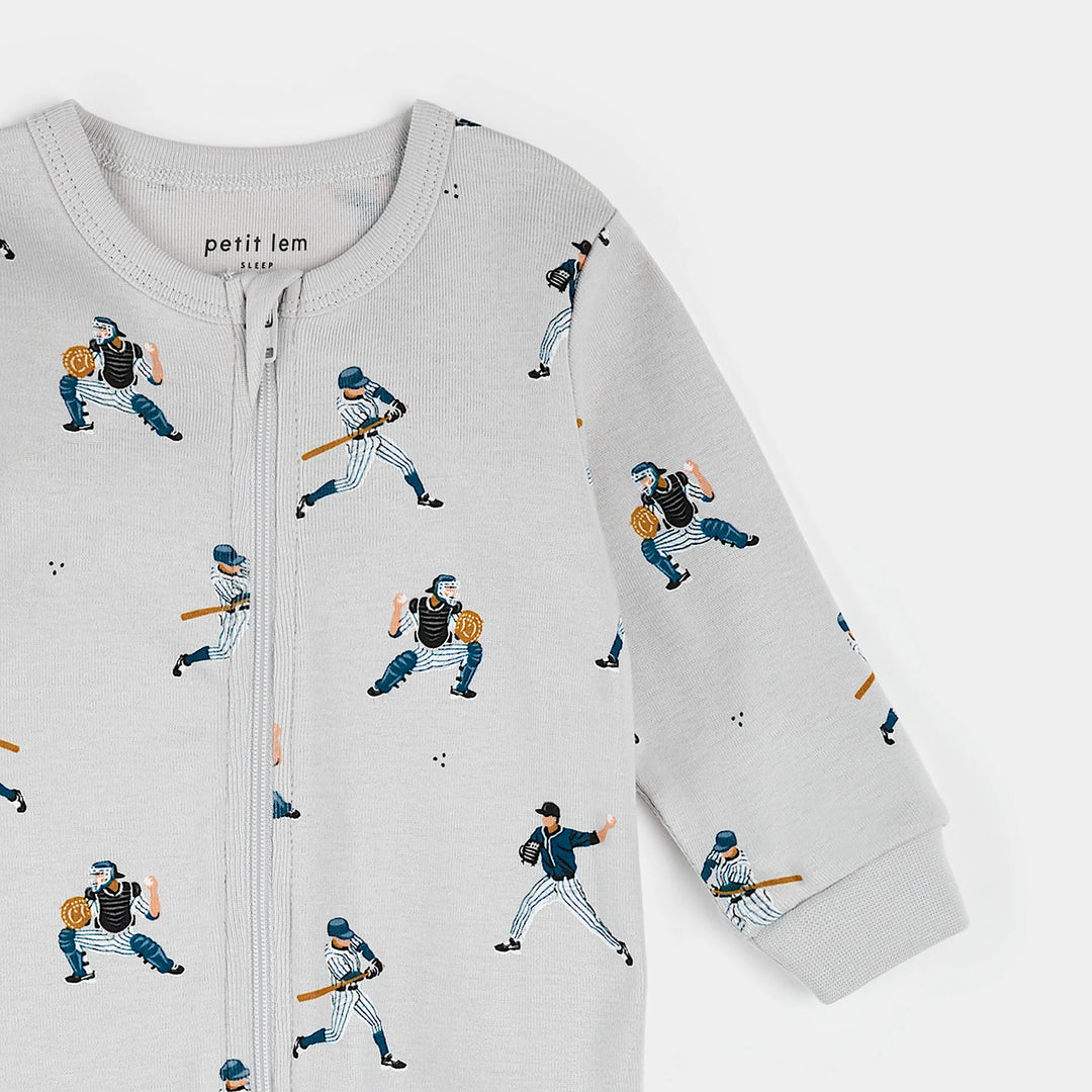 PETIT LEM- Baby Baseball Player Print on Lunar Rock Sleeper