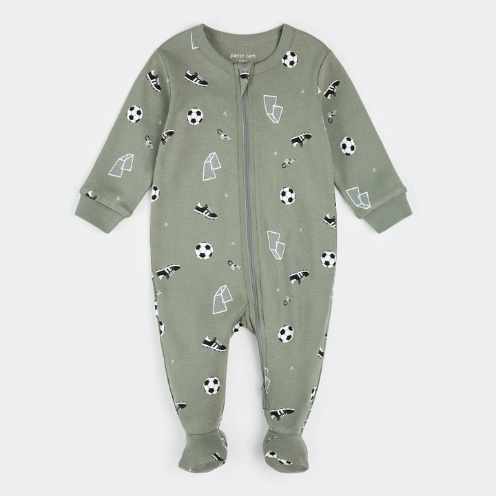 PETIT LEM- Baby Soccer Print on Olive Sleeper
