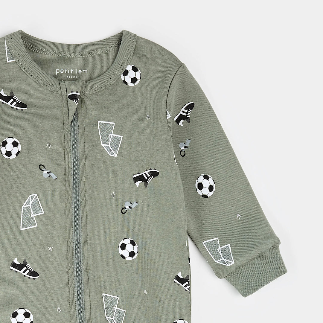 PETIT LEM- Baby Soccer Print on Olive Sleeper