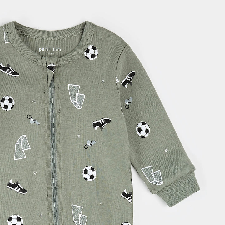 PETIT LEM- Baby Soccer Print on Olive Sleeper