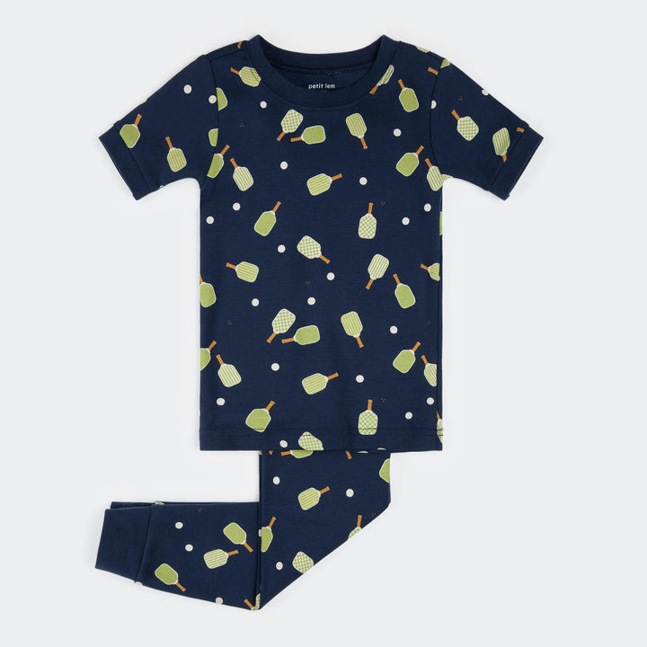 PETIT LEM- Kids Pickleball Print on Dress Blue Short-Sleeved PJ Set (8-14)