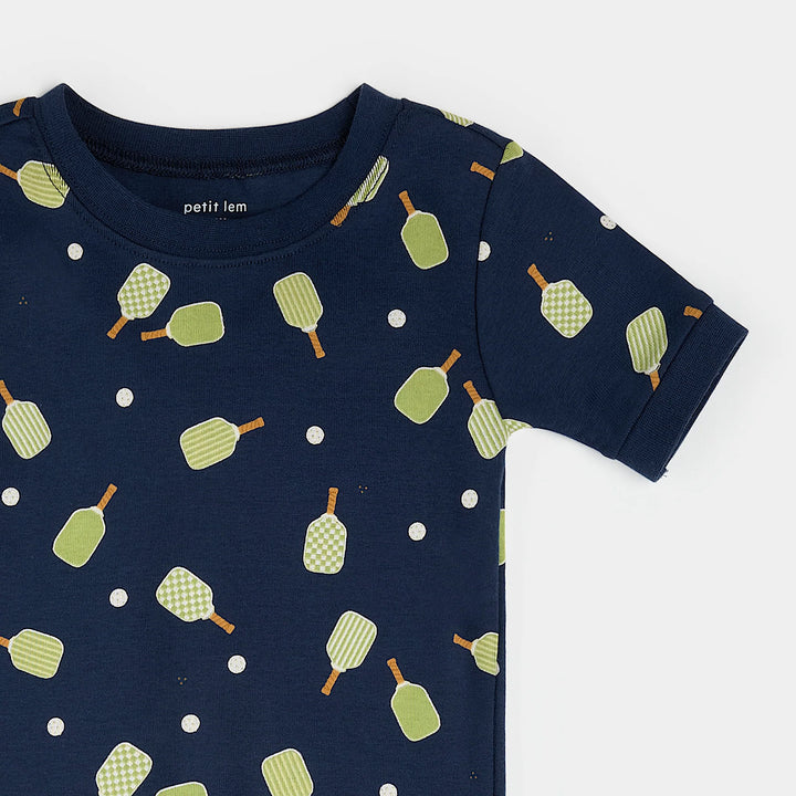 PETIT LEM- Kids Pickleball Print on Dress Blue Short-Sleeved PJ Set (8-14)