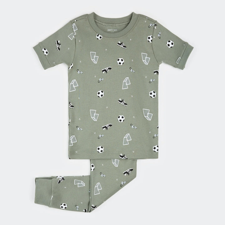 PETIT LEM- Kids Soccer Print on Olive Short-Sleeved PJ Set
