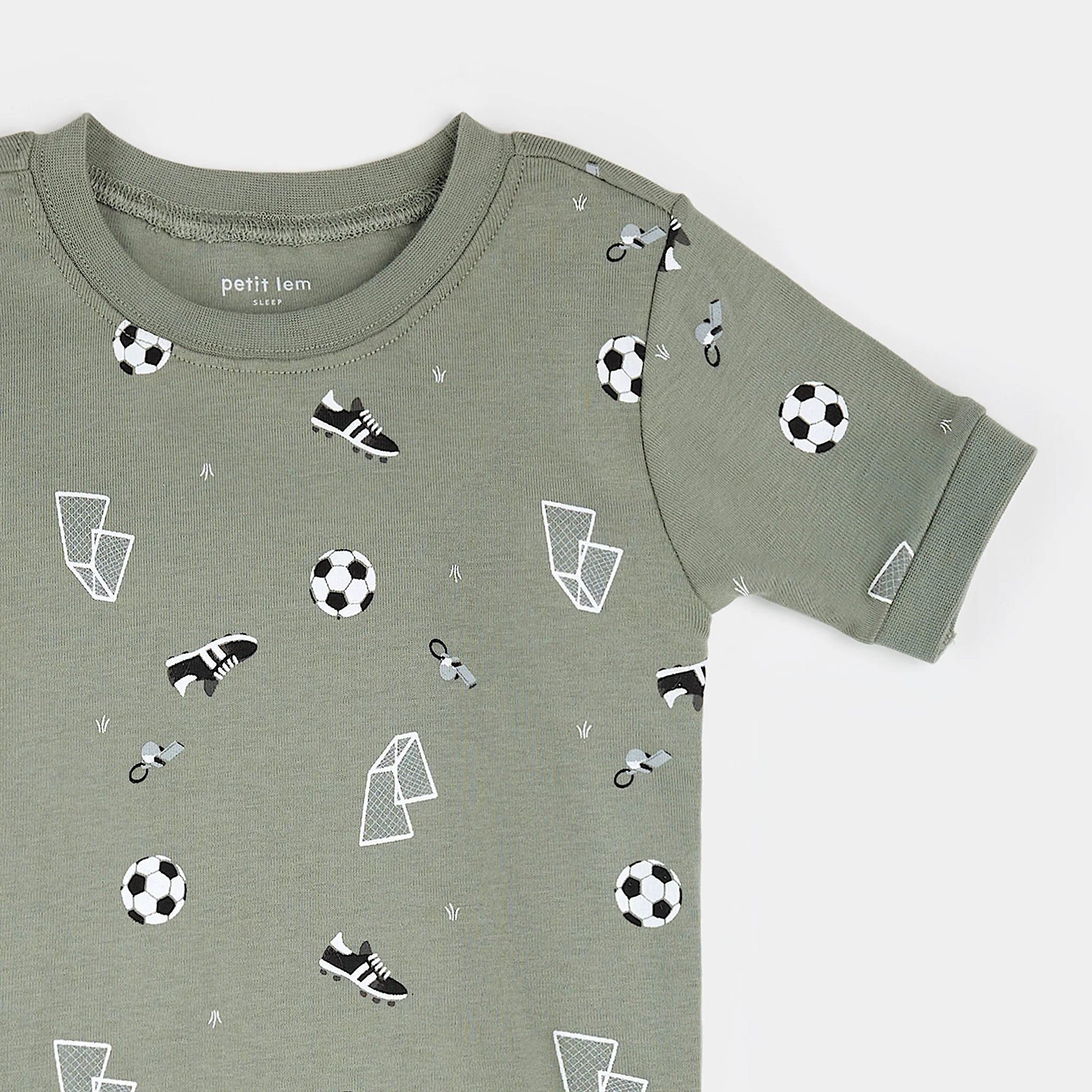 PETIT LEM- Kids Soccer Print on Olive Short-Sleeved PJ Set