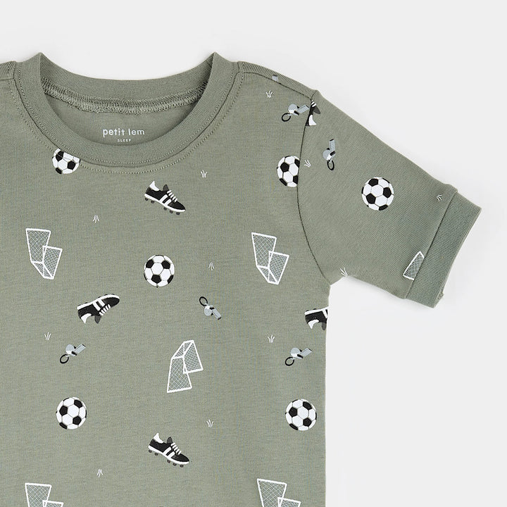 PETIT LEM- Kids Soccer Print on Olive Short-Sleeved PJ Set