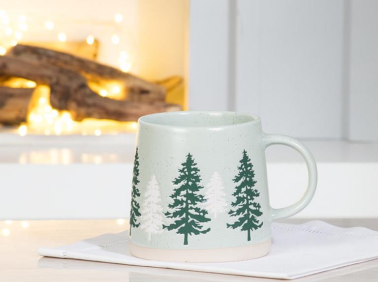 ABBOTT - WIDE BASE MUG W/PINE TREES-GRN-3.5"H(14OZ)